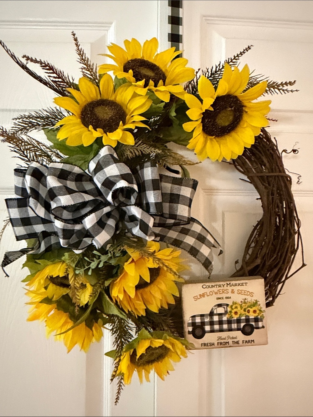 Sunflower Buffalo Check Wreath - Yellow Sunflower Door Decor